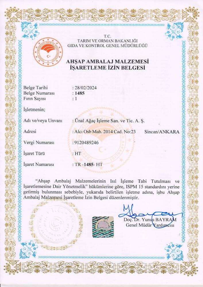 unal_agac_ISPM15_RUHSAT-1 Ahşap Ambalaj Malzemesi İşaretleme İzin Belgesi